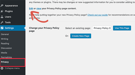 Editing default WordPress privacy policy